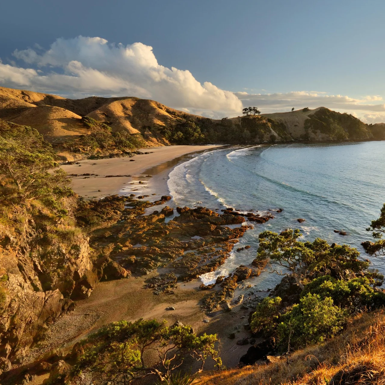 Uitzicht op een baai op Great Barrier Island met ondergaande zon