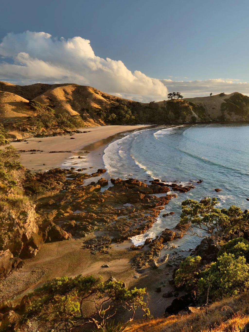 Uitzicht op een baai op Great Barrier Island met ondergaande zon