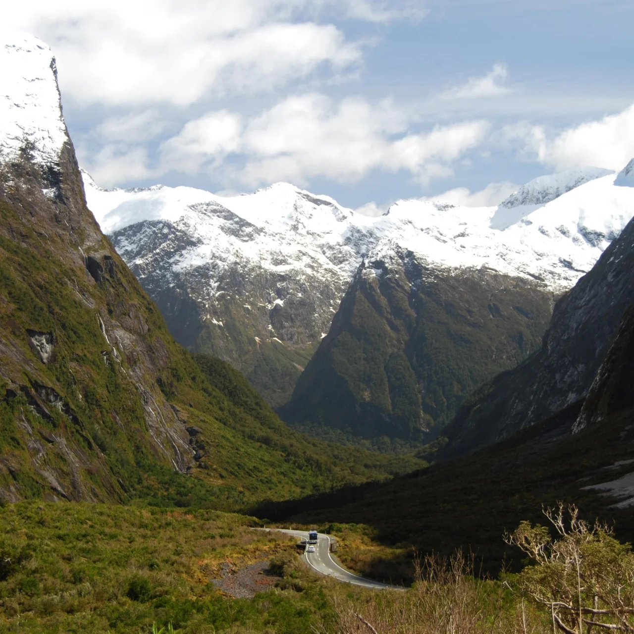 Auto in de Cleddau Valley in Fiordland National Park op weg naar Milford Sound