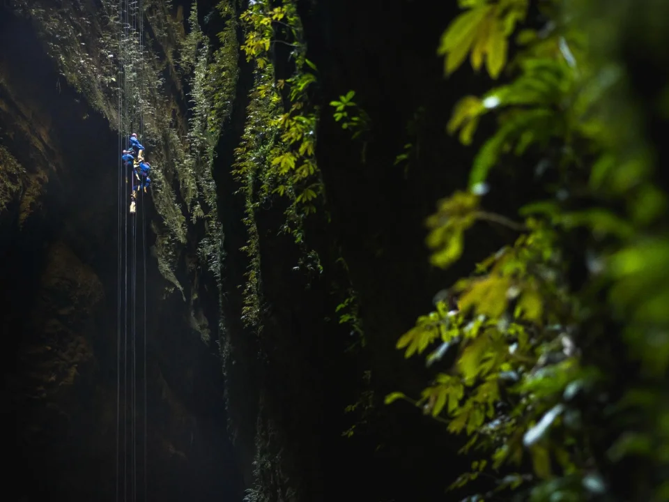 Abseilers die in de grotten van Waitomo hangen terwijl ze 100 meter aan het abseilen zijn, tijdens The Lost World excursie