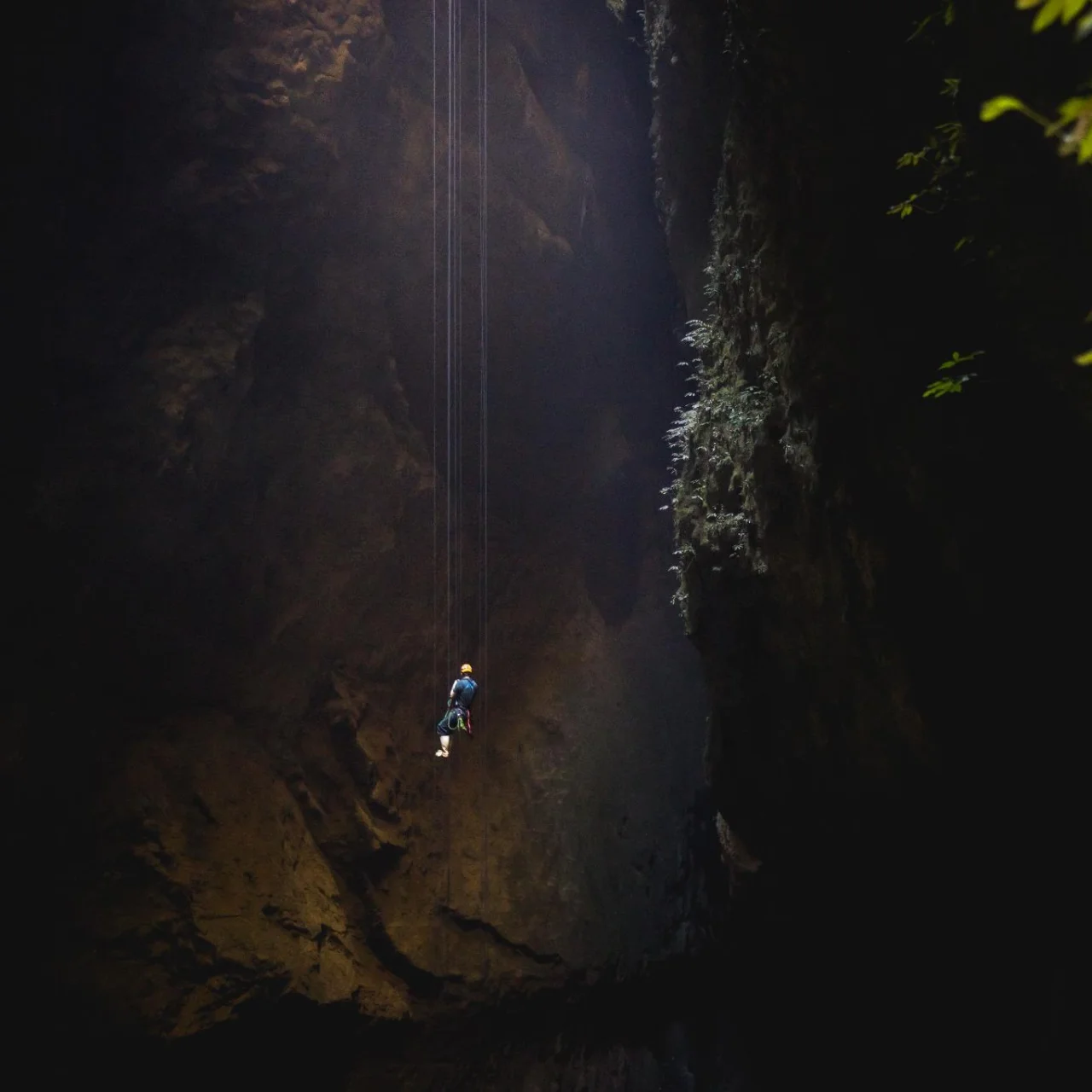 Abseiler hangt in de grotten van Waitomo terwijl hij100 meter aan het abseilen is, tijdens The Lost World excursie