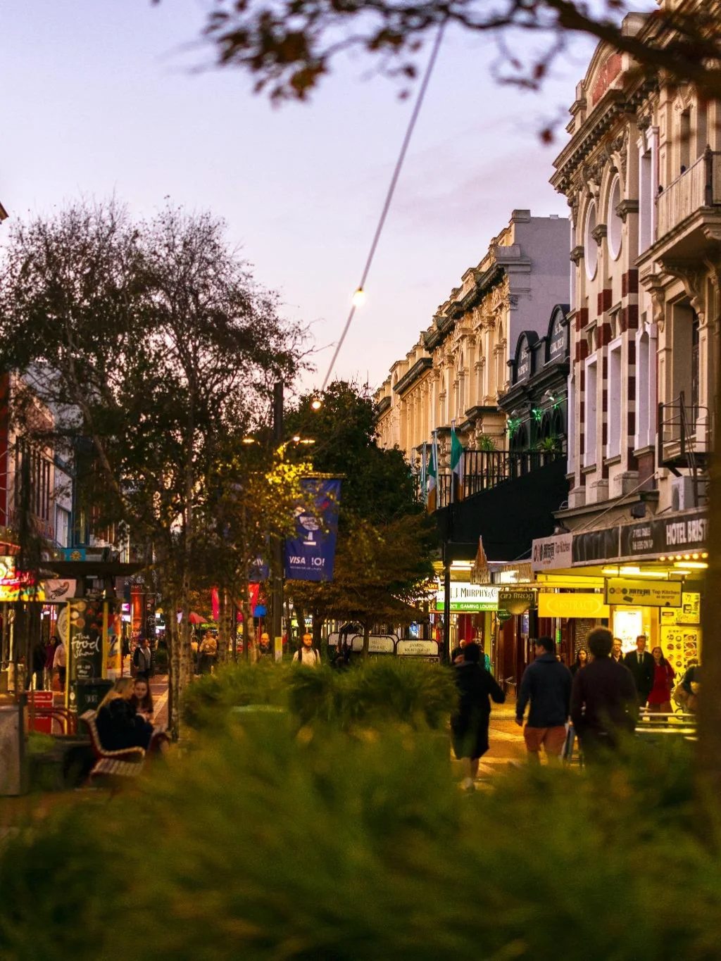 Gezellige straat tijdens schemering met winkeltjes en Te Aro in Wellingon, Nieuw-Zeeland