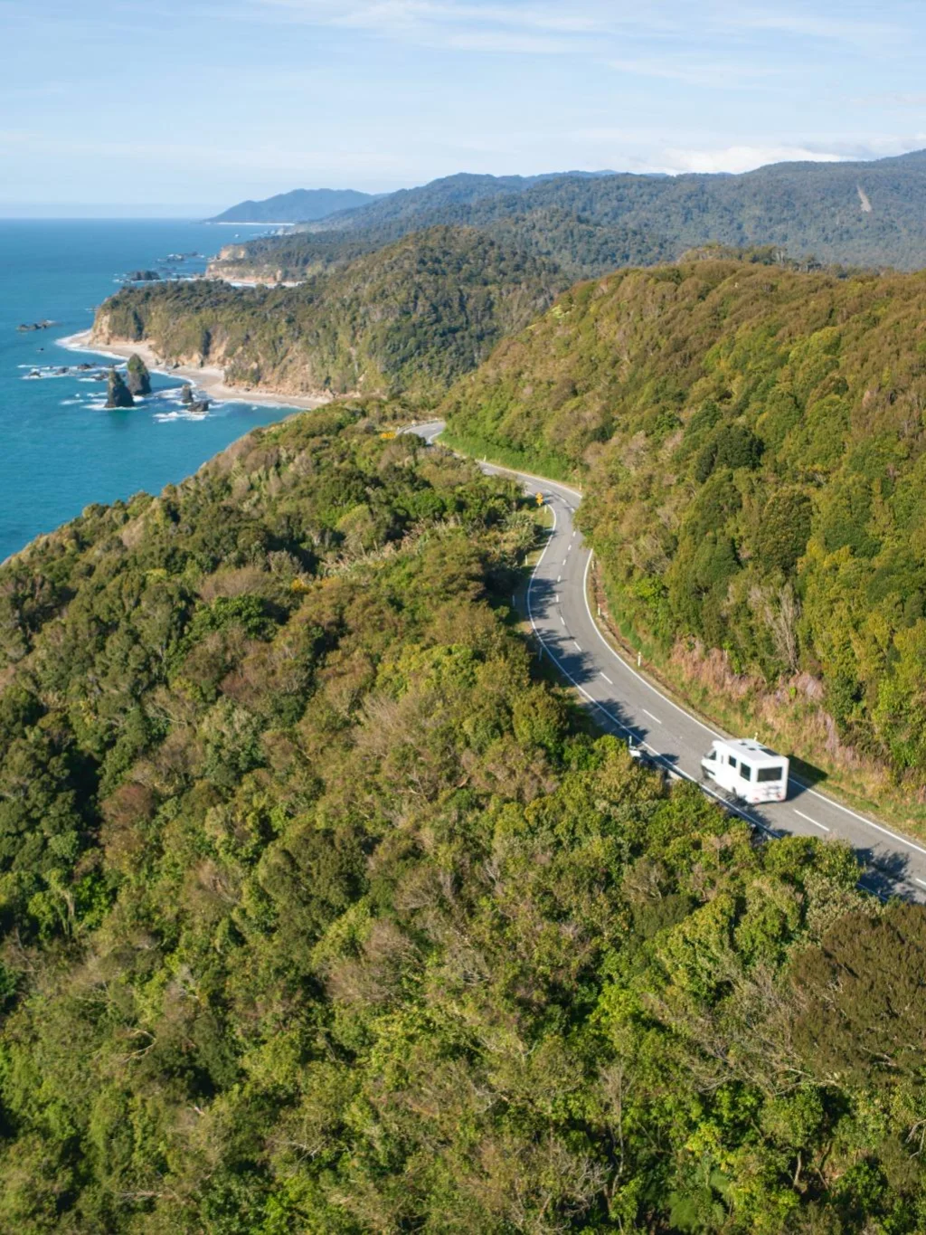 Camper op de weg langs de westcoast omringd door bossen en prachtig kronkelende kustlijnen, Haast Pass, Nieuw-Zeeland