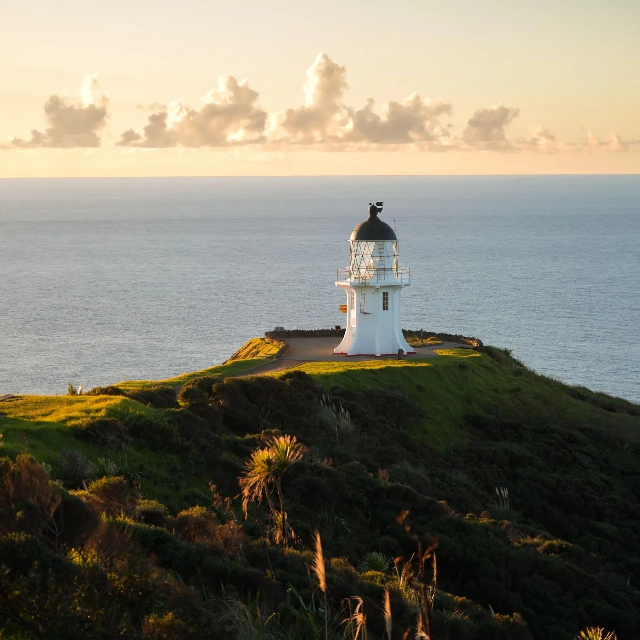 De vuurtoren bij Cape Reinga met de oceaan en ondergaande zon op de achtergrond, Nieuw-Zeeland
