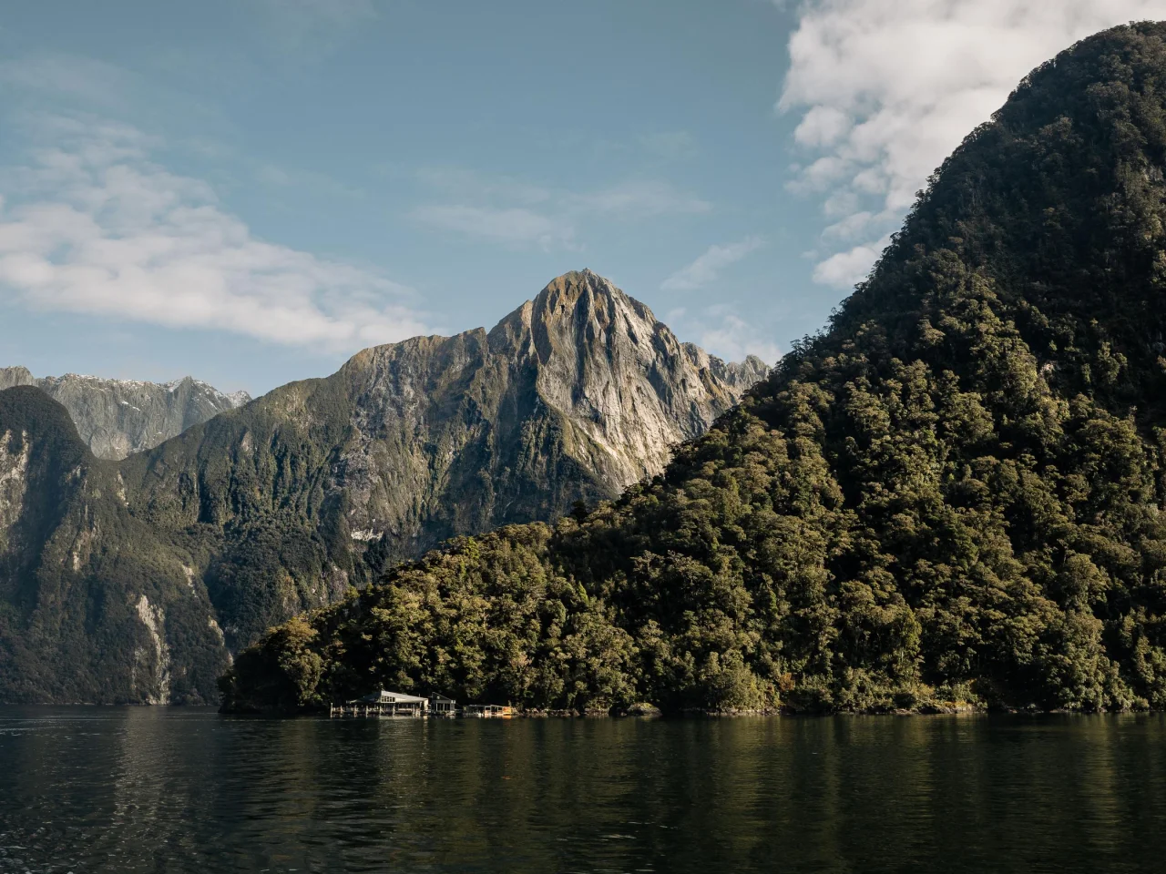 Milford Sound vanaf het water, en haar prachtige bergachtige omgeving, Fiordland, Nieuw-Zeeland