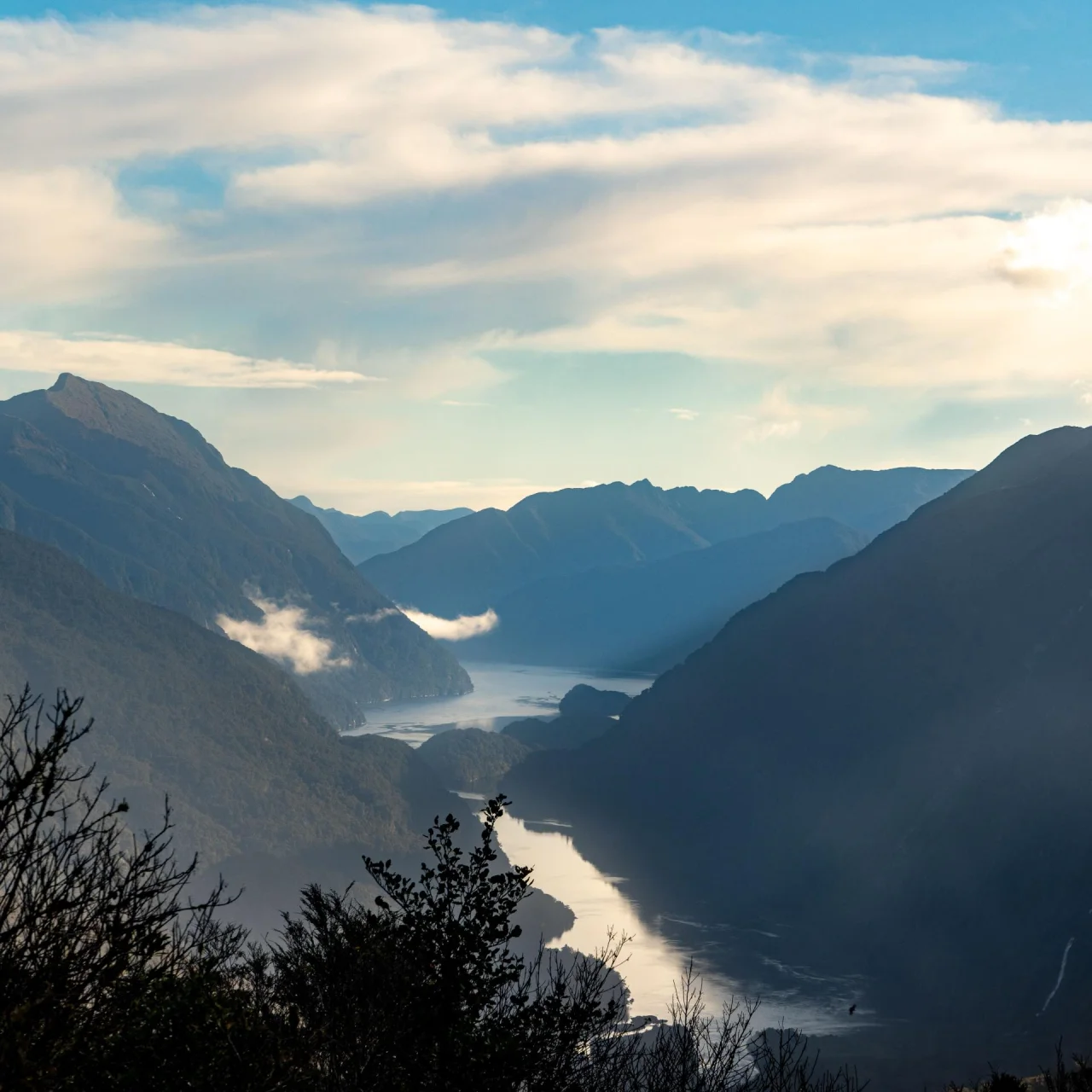 Fjorden en bergen vanaf de Wilmot Pass tijdens een reis door Fiordland