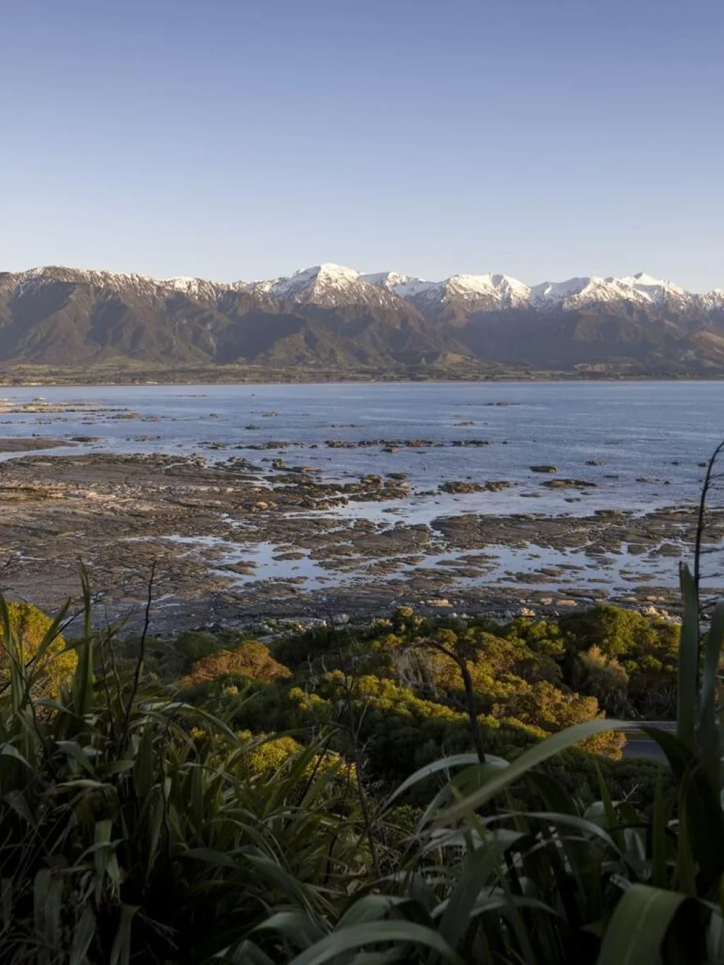 Besneeuwde bergtoppen bij Kaikoura met de zee